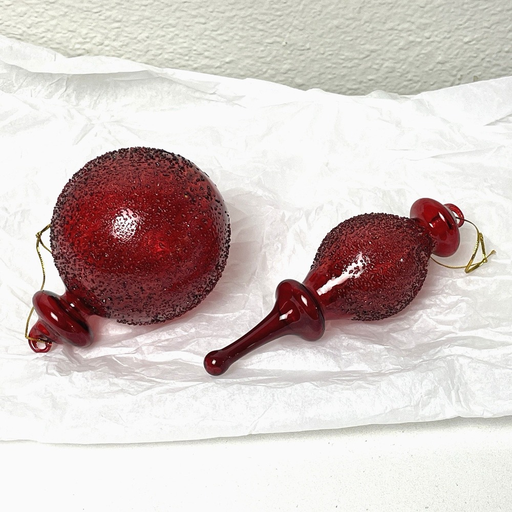 Red Glass Finial Christmas Ornaments Hand Blown Textured Set of 2 Holiday